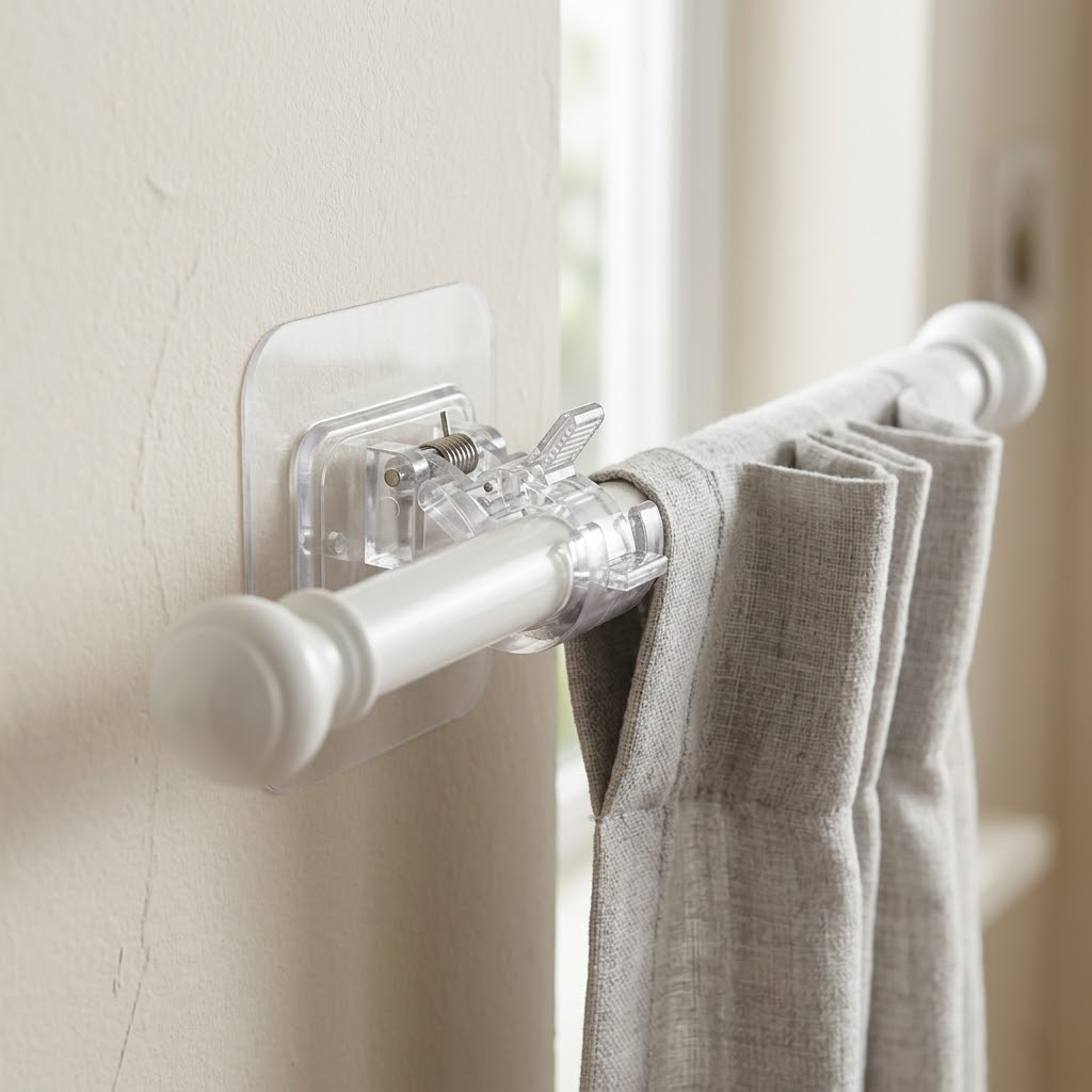 No-Drill Curtain Rod Brackets – Heavy-Duty 13LBS Capacity, Waterproof Adhesive Holders for Kitchen, Bathroom & Home Decor