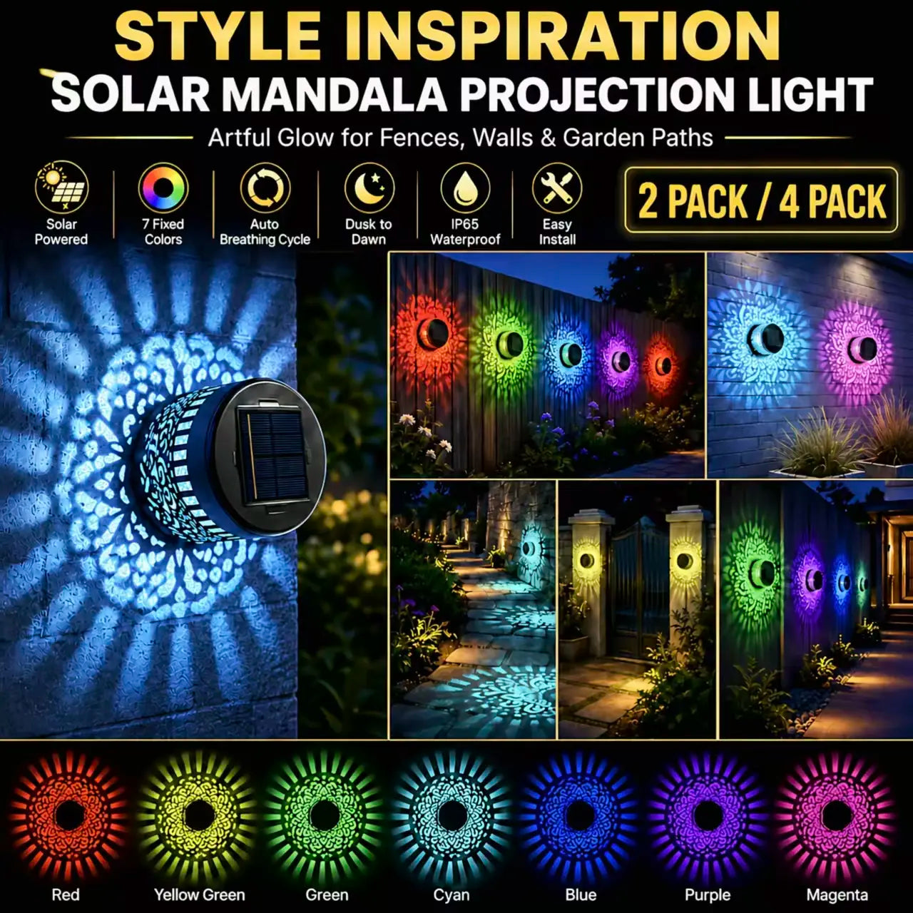 Seven-Color Changing Solar Mandala Projection Wall Light