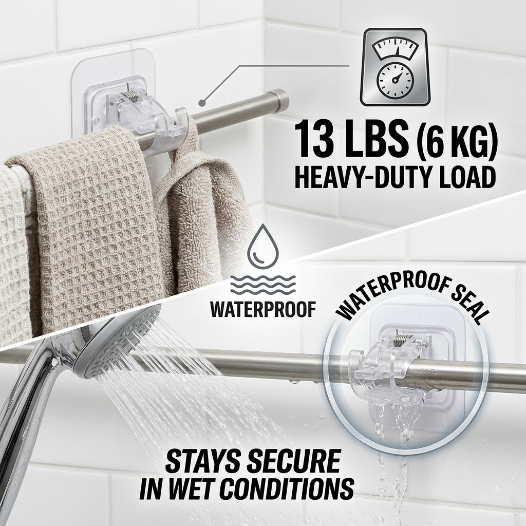 No-Drill Curtain Rod Brackets – Heavy-Duty 13LBS Capacity, Waterproof Adhesive Holders for Kitchen, Bathroom & Home Decor