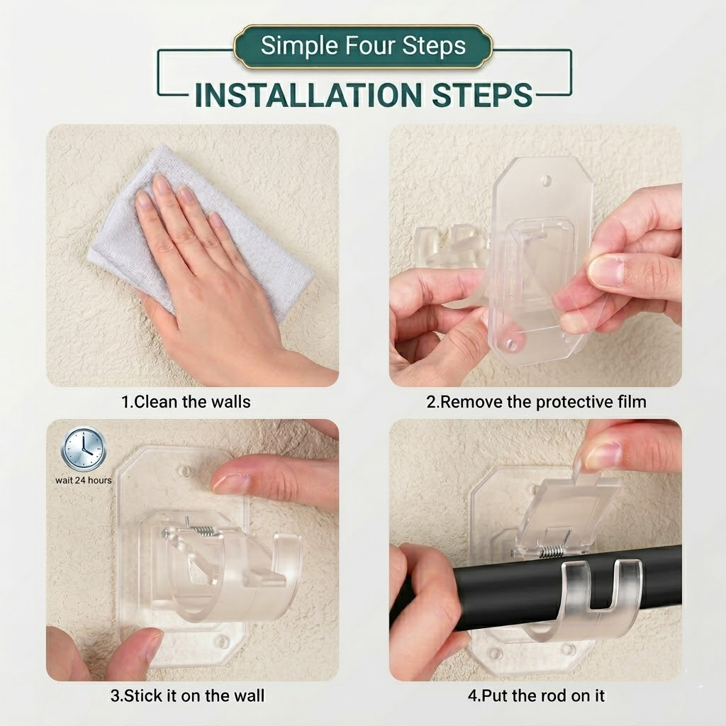 No-Drill Curtain Rod Brackets – Heavy-Duty 13LBS Capacity, Waterproof Adhesive Holders for Kitchen, Bathroom & Home Decor